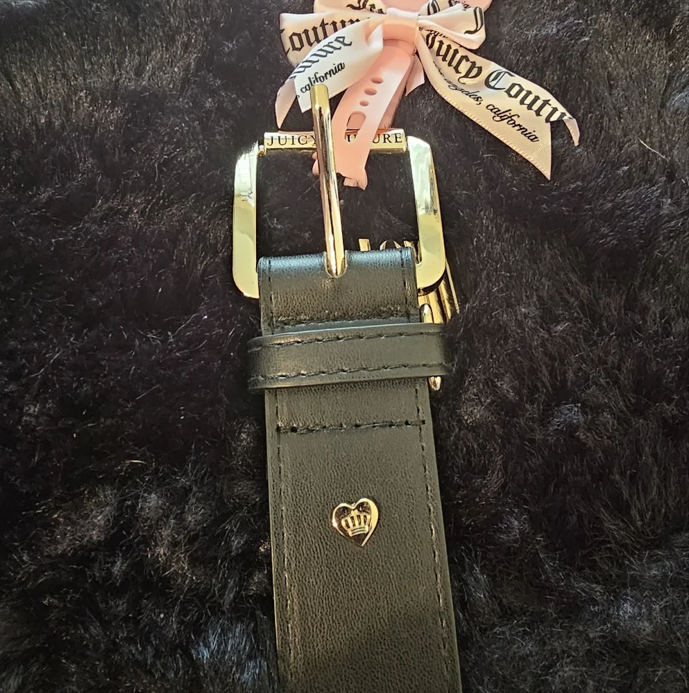 Juicy Couture Black Belt with Gold Buckle and Pink Ribbon